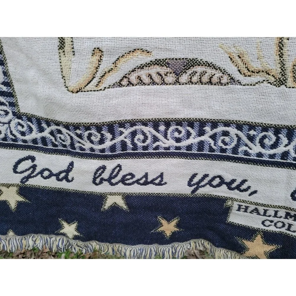 Vintage Goodwin Weavers Fringed Hallmark Cherub Angel Tapestry Throw Blanket USA